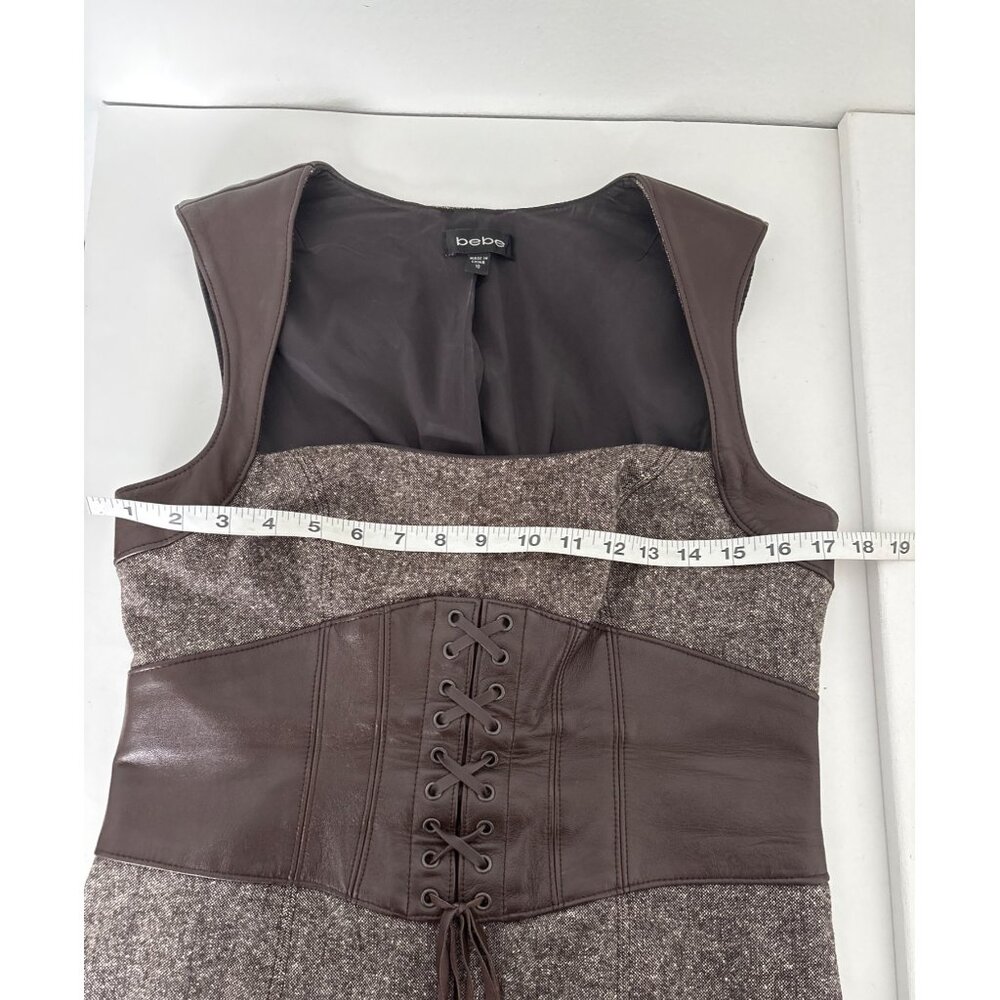 Y2K Bebe Dress Sz 10 Wool Blend Tweed Leather Corset Detail Lace Up Bodycon Slit - Picture 5 of 16